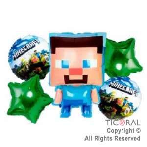 SET DE GLOBOS METALIZADO MINECRAFT 5 UNIDADES X 1